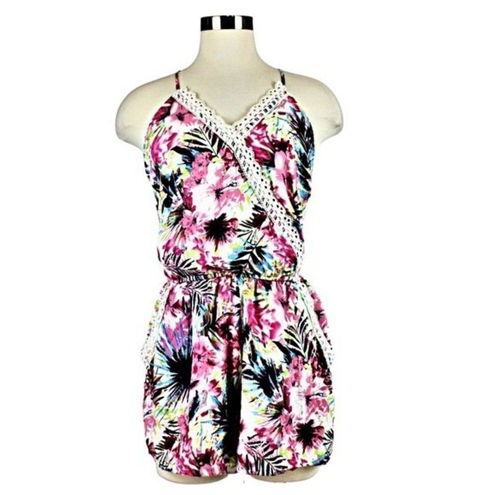 Romper Shorts Floral Surplice Neckline Adjustable Strappy Ties Lulu Mari Size Lg